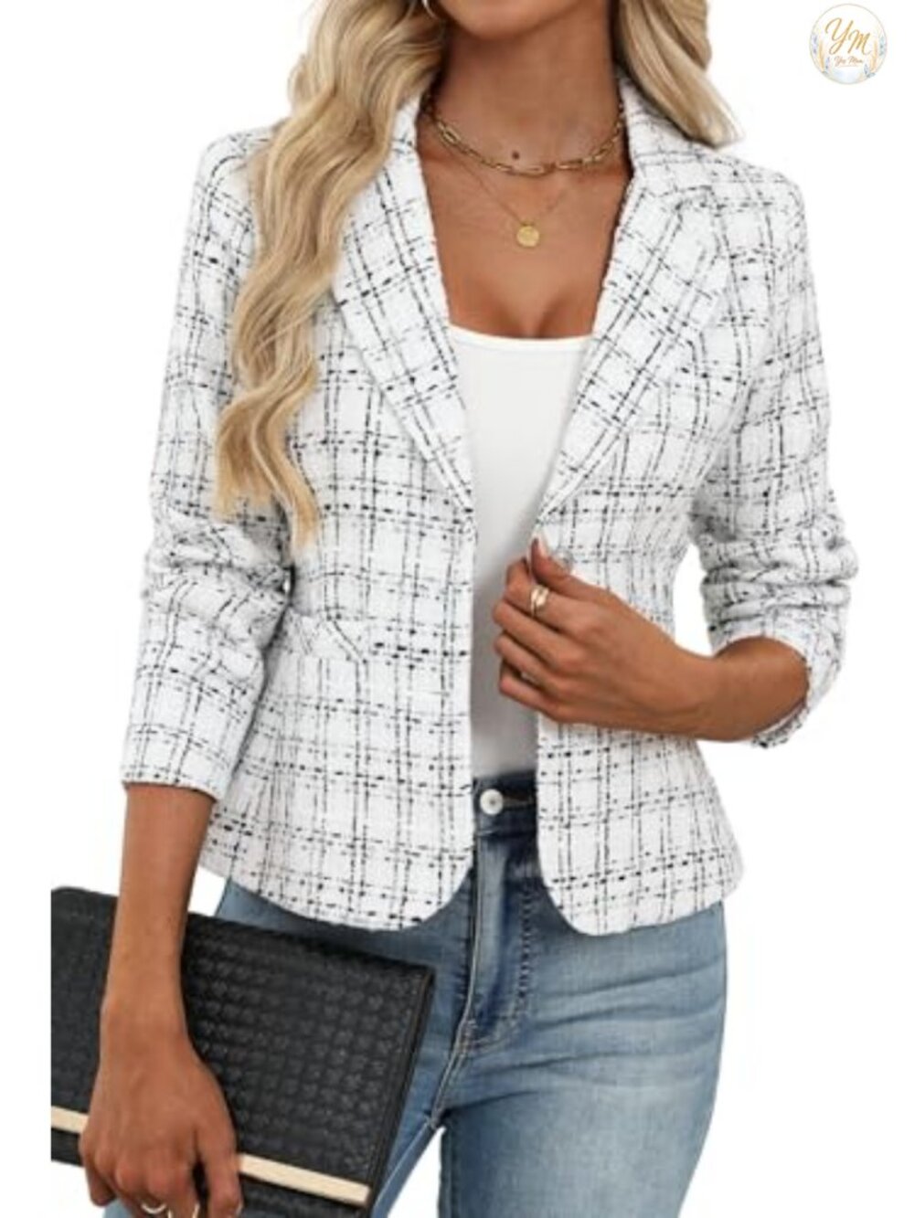 Women's 2 Button Long Sleeve Tweed Blazer Slim Fit Business Casual